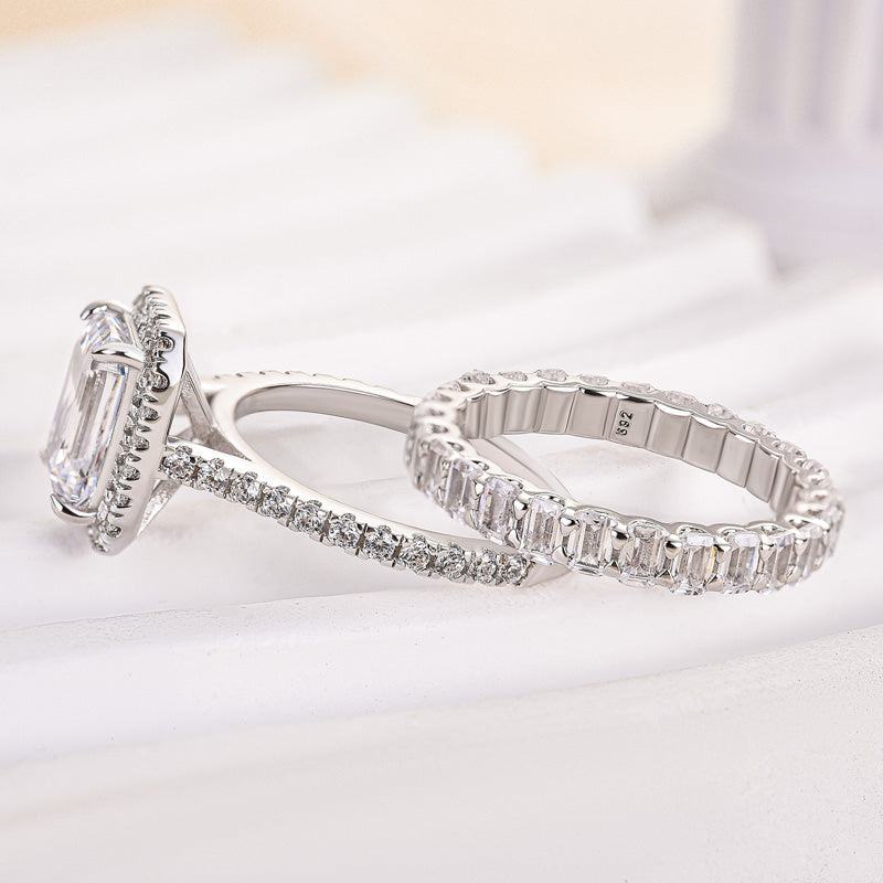 Ahabobo Noble Halo Emerald Cut Wedding Ring Set