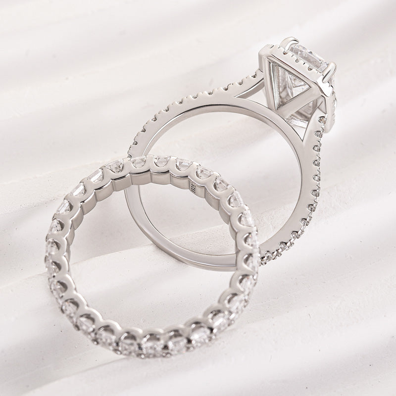 Ahabobo Noble Halo Emerald Cut Wedding Ring Set