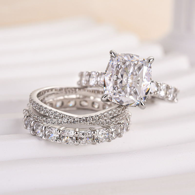 Ahabobo Noble Crushed Ice Cushion Cut 3PC Ring Set For Women