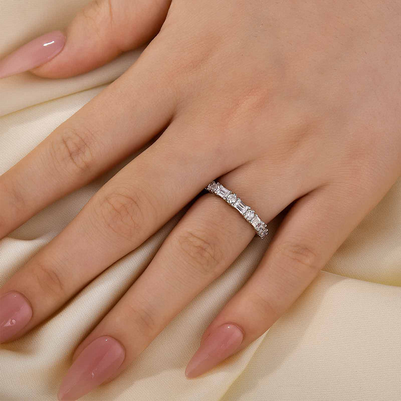 Fashion Yellow Gold Half Emerald & Round Cut Diamond Wedding Band In Sterling Silver
