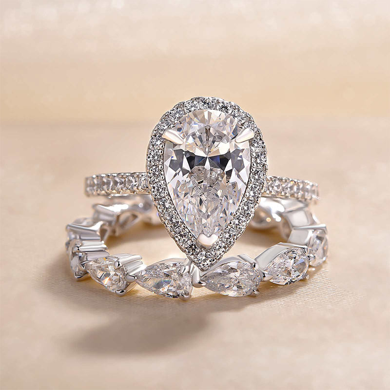 Sterling Silver Bridal Set Halo Pear Cut Engagement Ring & Pear Cut Wedding Band