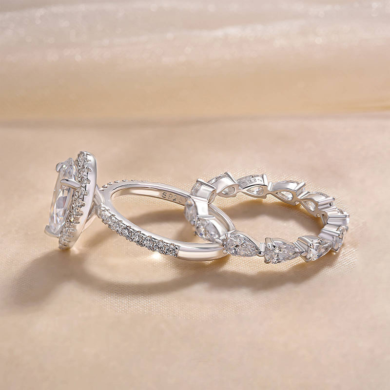 Sterling Silver Bridal Set Halo Pear Cut Engagement Ring & Pear Cut Wedding Band