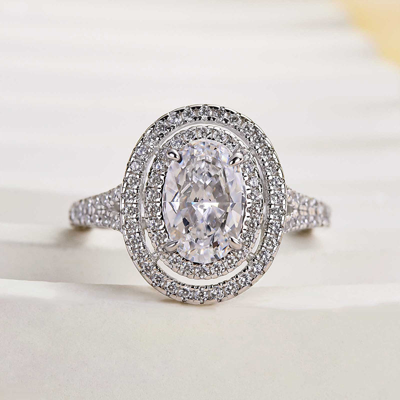 Luxury Split Shank Double Halo Oval Cut Engagement Ring In Sterling Silver