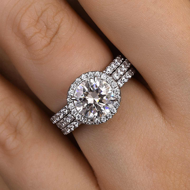 Classic Round Cut Halo 3-Pieces Wedding Set In Sterling Silver