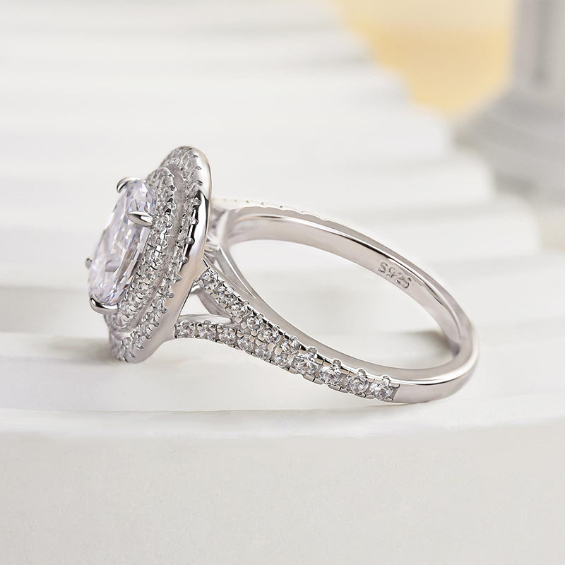 Luxury Split Shank Double Halo Oval Cut Engagement Ring In Sterling Silver