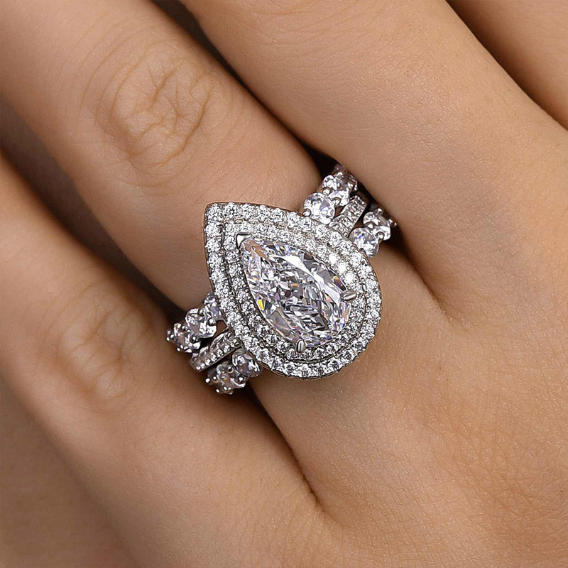 Eternity Double Halo Pear Cut 3-Pieces Wedding Set In Sterling Silver