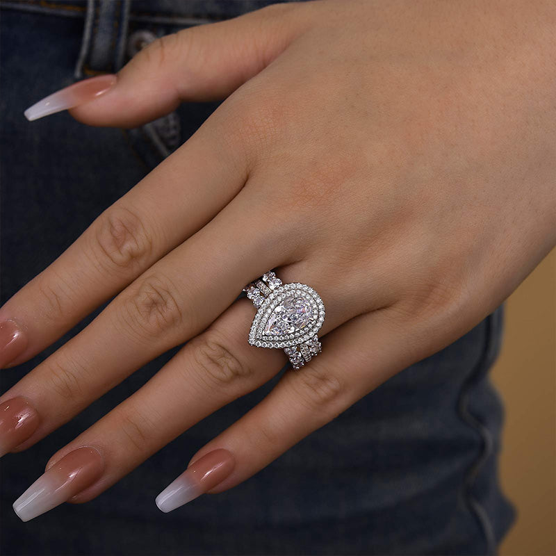 Eternity Double Halo Pear Cut 3-Pieces Wedding Set In Sterling Silver