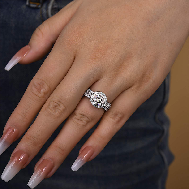 Classic Round Cut Halo 3-Pieces Wedding Set In Sterling Silver