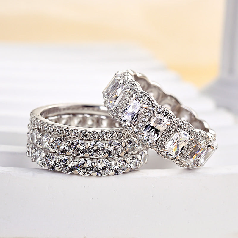Luxurious Cushion Cut 4PC Wedding Band Set For Women In Sterling Silver