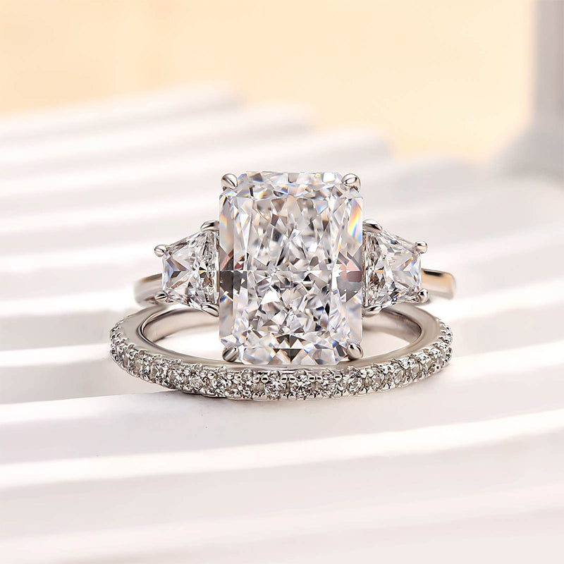 Romantic Three Stone Radiant Cut Wedding Ring Set In Sterling Silver
