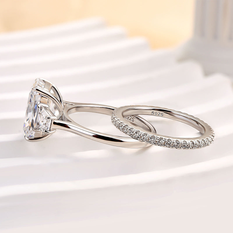 Romantic Three Stone Radiant Cut Wedding Ring Set In Sterling Silver