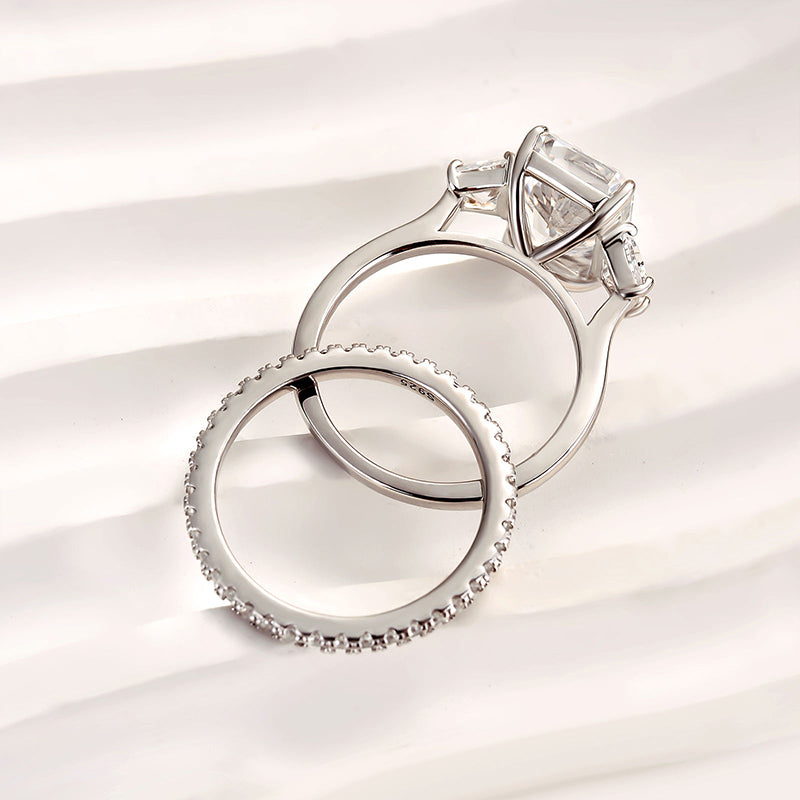 Romantic Three Stone Radiant Cut Wedding Ring Set In Sterling Silver