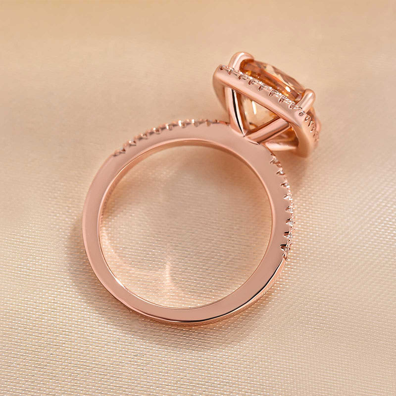 Elegant Rose Gold Halo Cushion Cut Champagne Engagement Ring In Sterling Silver