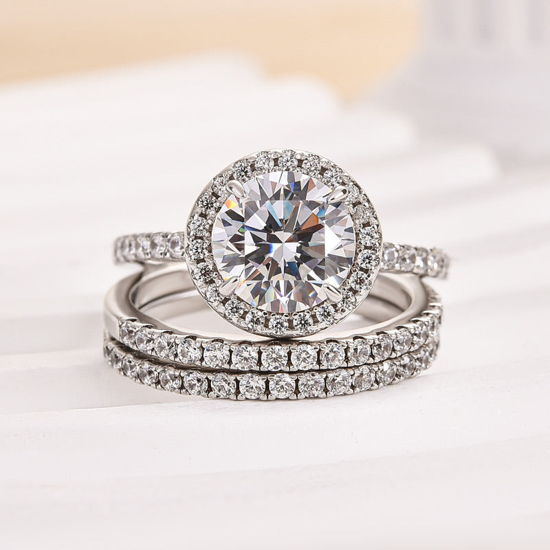 Classic Round Cut Halo 3-Pieces Wedding Set In Sterling Silver