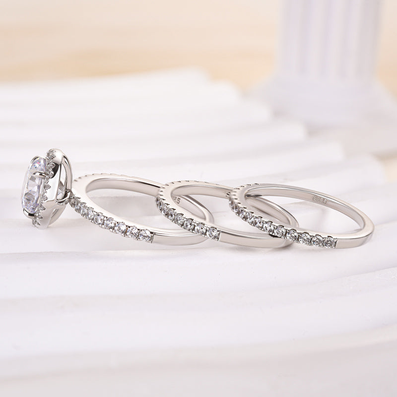 Classic Round Cut Halo 3-Pieces Wedding Set In Sterling Silver