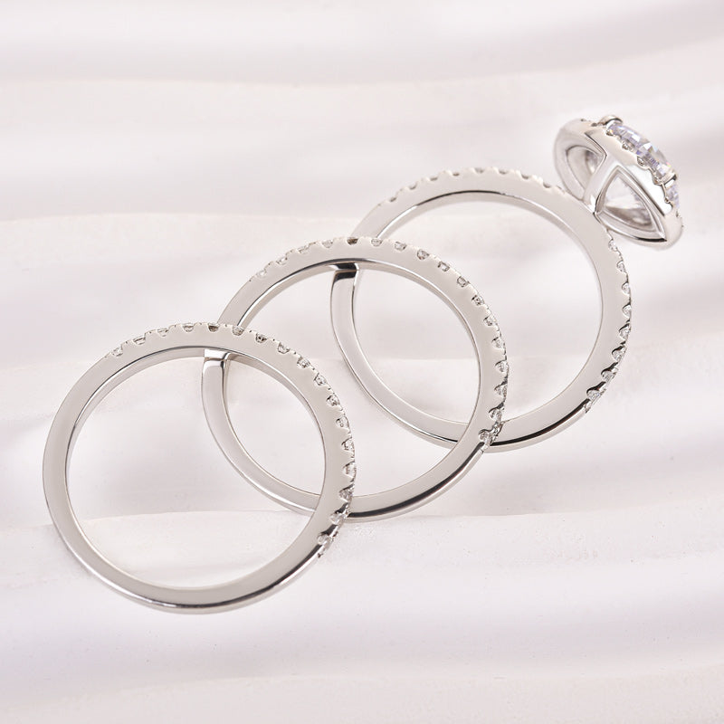 Classic Round Cut Halo 3-Pieces Wedding Set In Sterling Silver