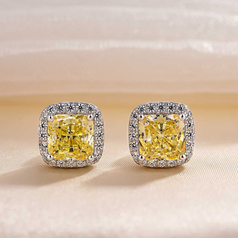 2.0 Carat Yellow Sapphire Halo Princess Cut Sterling Silver Women's Stud Earrings
