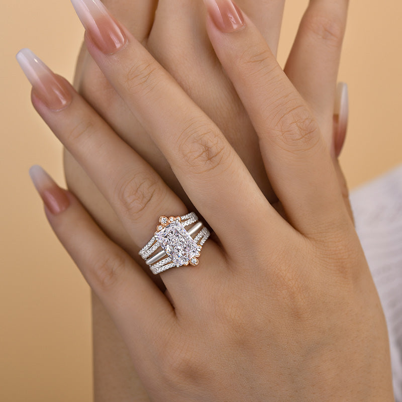 Special Two-tone Crown Design Radiant Cut Insert Wedding Ring Set