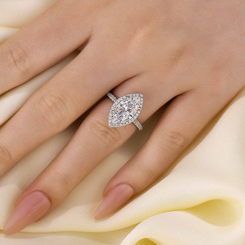 Unique 3.0Ct Halo Marquise Cut Engagement Ring In Sterling Silver