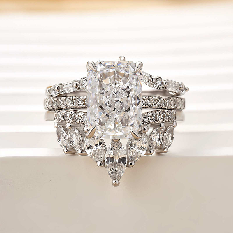 Ahabobo 3PC Vintage Radiant Cut Wedding Ring Set In Sterling Silver