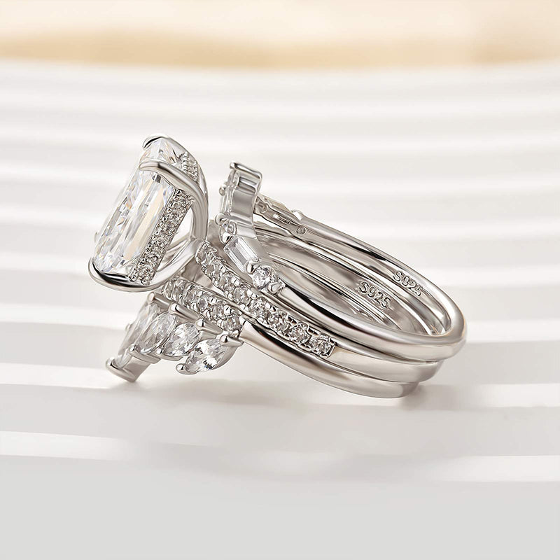 Ahabobo 3PC Vintage Radiant Cut Wedding Ring Set In Sterling Silver