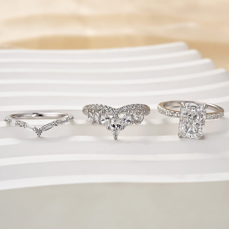 Ahabobo 3PC Vintage Radiant Cut Wedding Ring Set In Sterling Silver