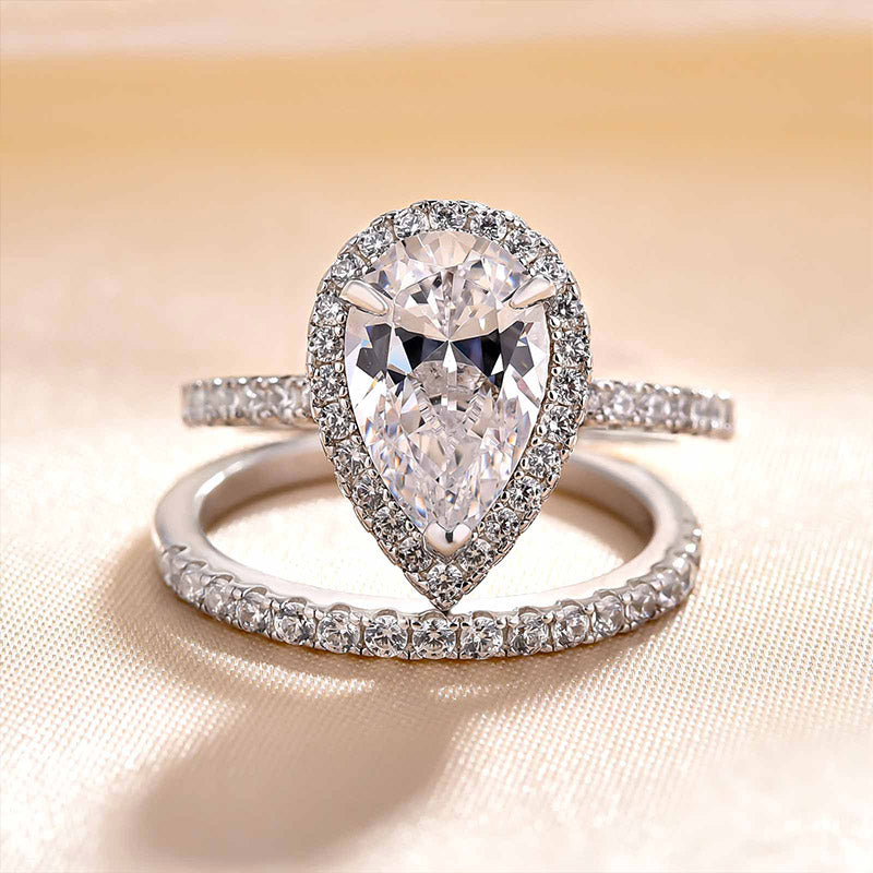 Halo Pear Cut Created White Sapphire Wedding Ring Set