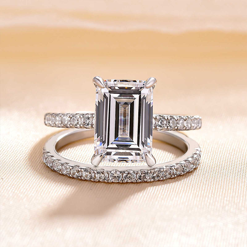 Classic Emerald Cut Wedding Ring Set In Sterling Silver