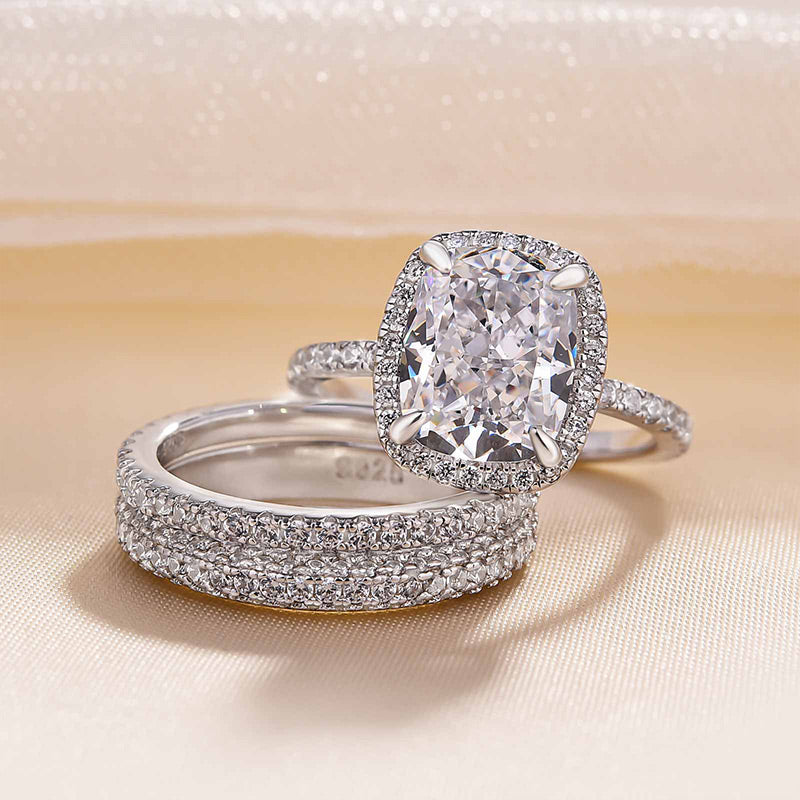 Exclusive Halo Cushion Cut 3PC Wedding Set In Sterling Silver