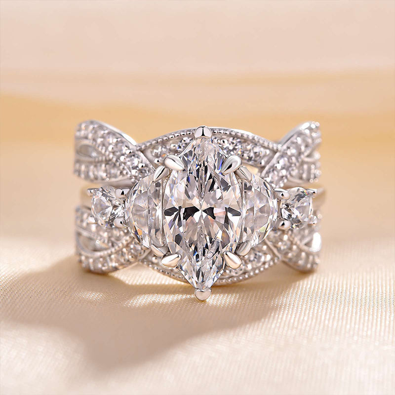 Vintage Marquise Cut Insert Wedding Ring Set For Women In Sterling Silver