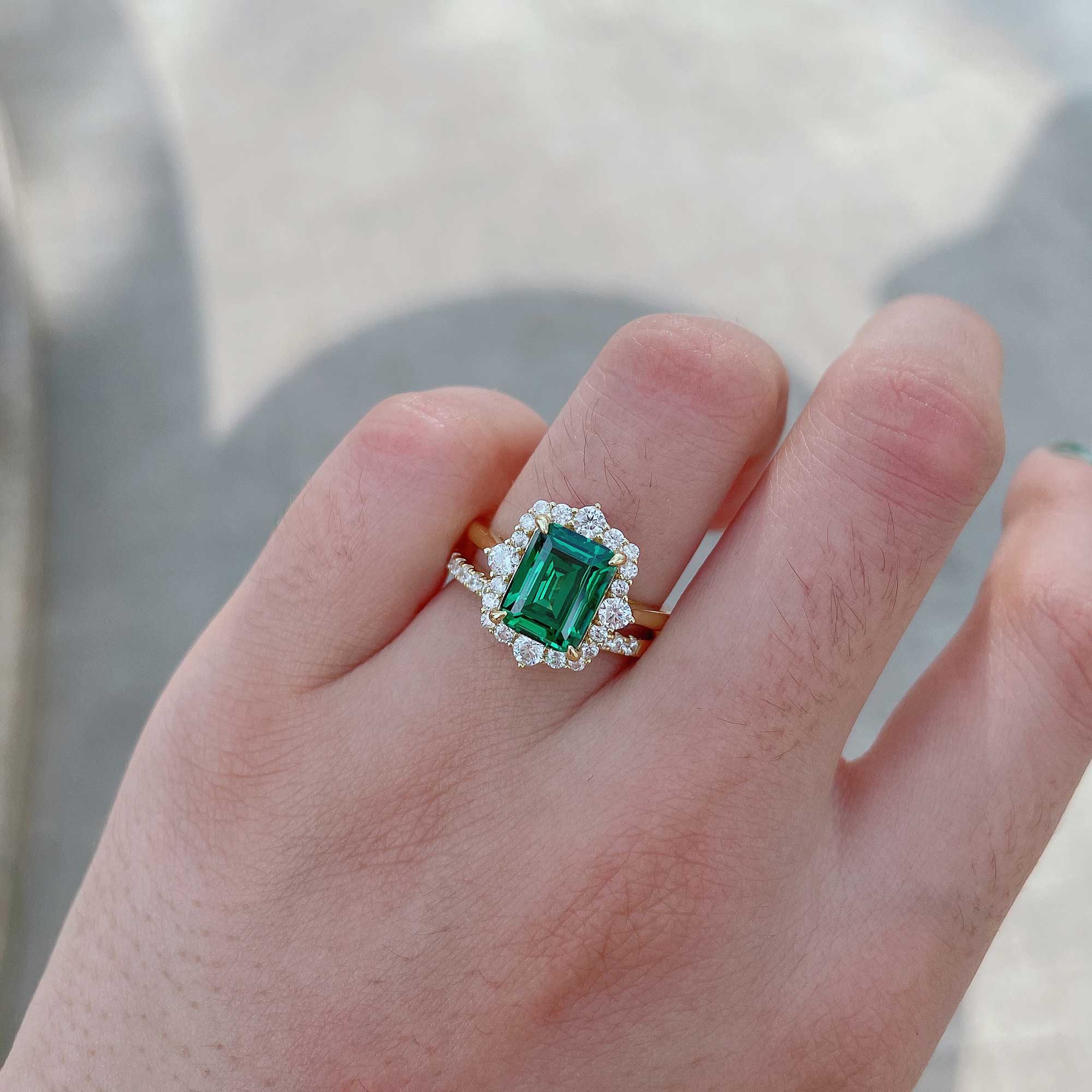 Exclusive Yellow Gold Halo Emerald Cut Wedding Sets In Sterling Silver