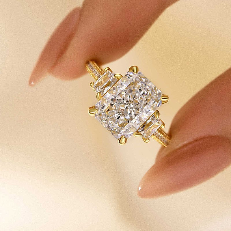 4.5Ct Radiant Cut Three Stone Yellow Gold Promise Ring Engagement Ring In Sterling Silver