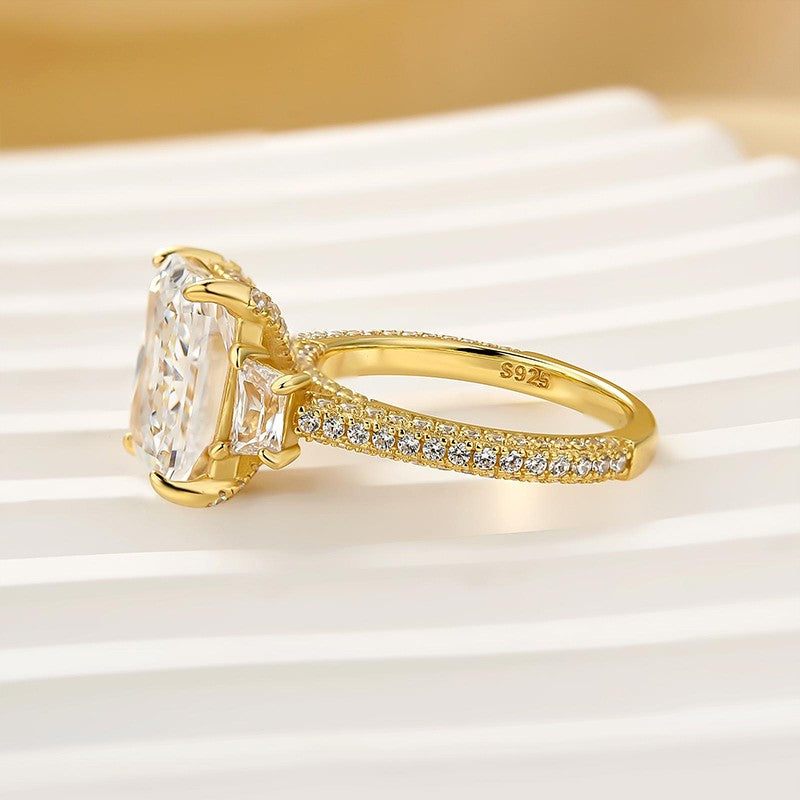 4.5Ct Radiant Cut Three Stone Yellow Gold Promise Ring Engagement Ring In Sterling Silver