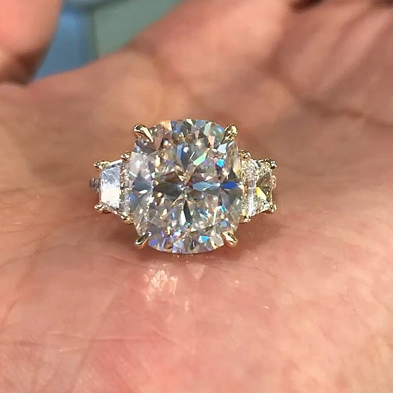 Noble Yellow Gold Cushion Cut Three Stone Engagement Ring
