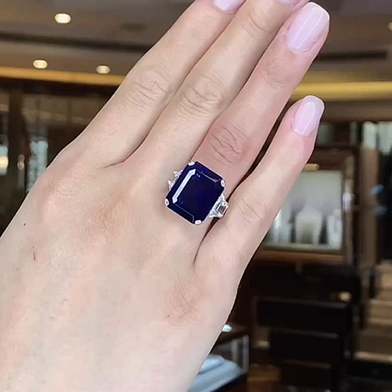 Gorgeous Blue Sapphire 7.5Ct Emerald Cut Three Stone Engagement Ring