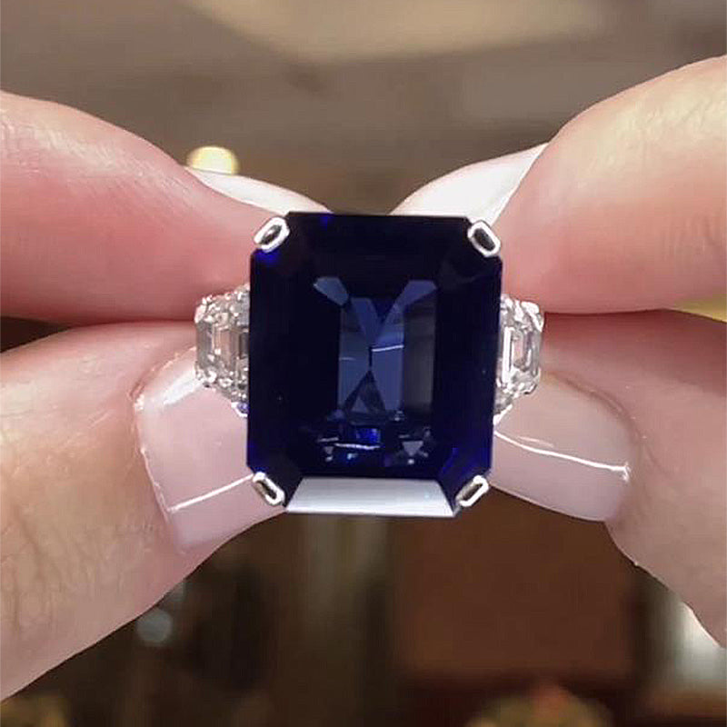 Gorgeous Blue Sapphire 7.5Ct Emerald Cut Three Stone Engagement Ring
