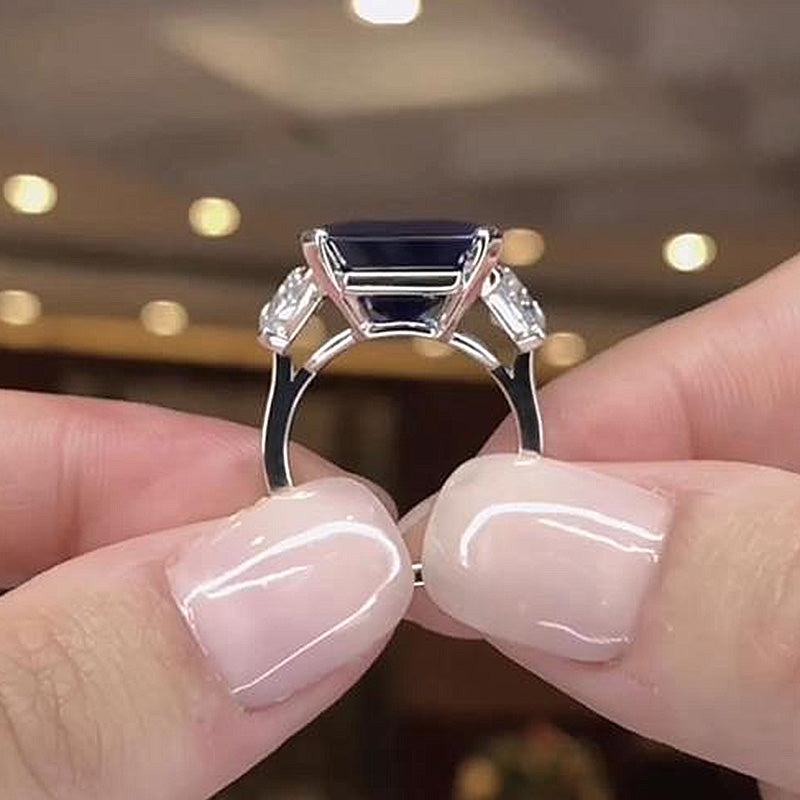 Gorgeous Blue Sapphire 7.5Ct Emerald Cut Three Stone Engagement Ring