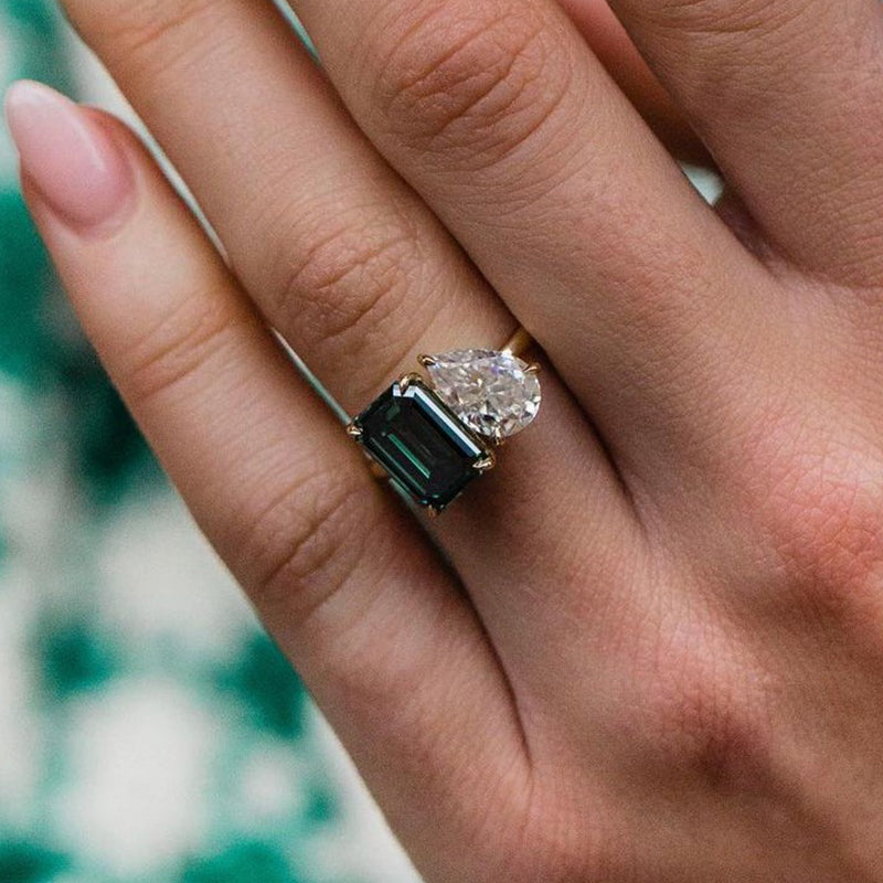 Special Two Stones Design Emerald & Pear Cut Engagement Ring In Sterling Silver