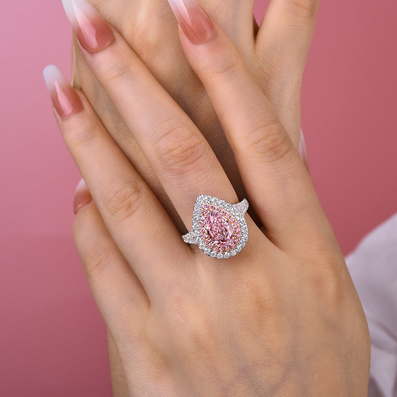 Honorable Split Shank Double Halo Pear Cut Pink Sapphire Engagement Ring In Sterling Silver