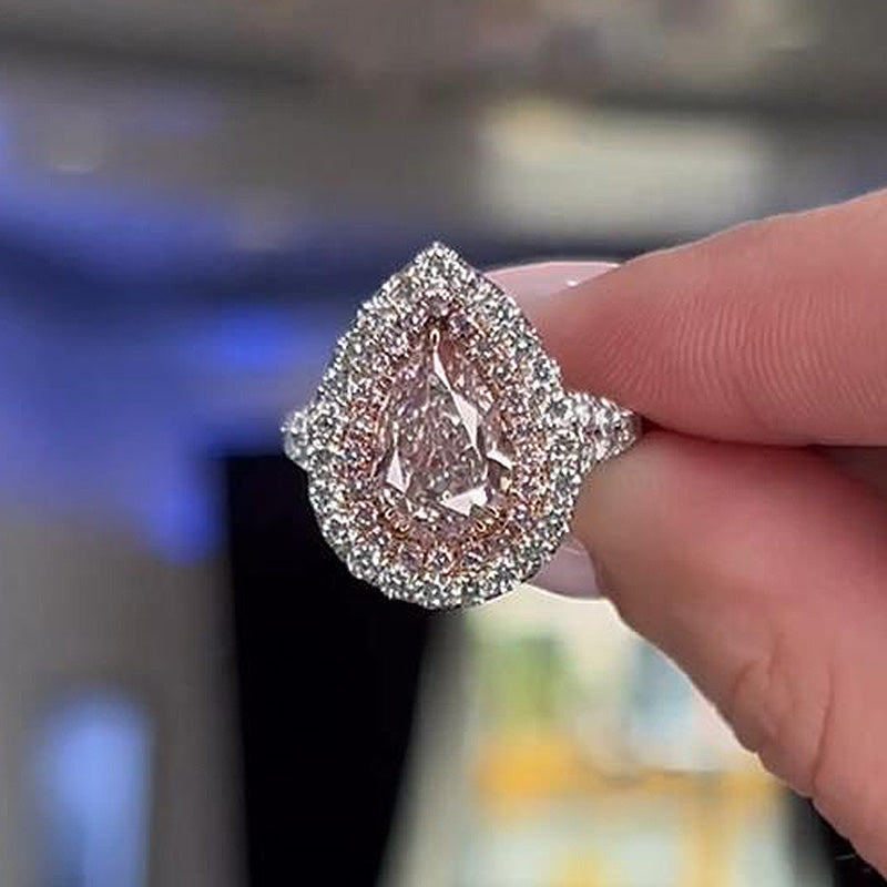 Honorable Split Shank Double Halo Pear Cut Pink Sapphire Engagement Ring In Sterling Silver