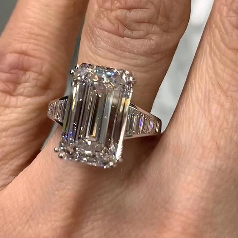 Luxury Big Emerald Cut Engagement Ring In Sterling Silver