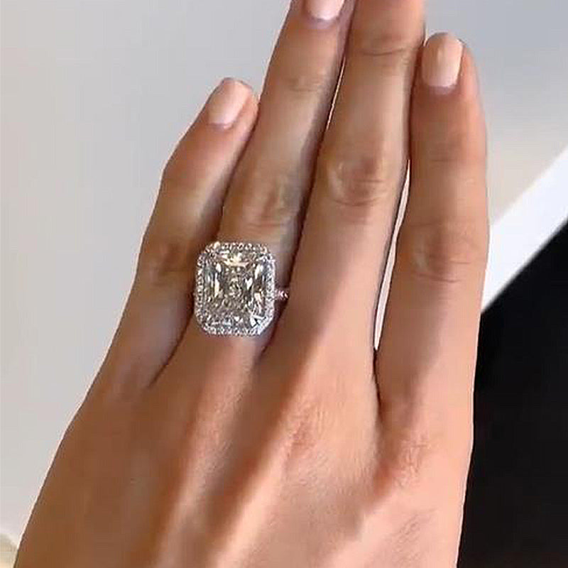 Luxury Halo Radiant Cut Sona Simulated Diamond Engagement Ring
