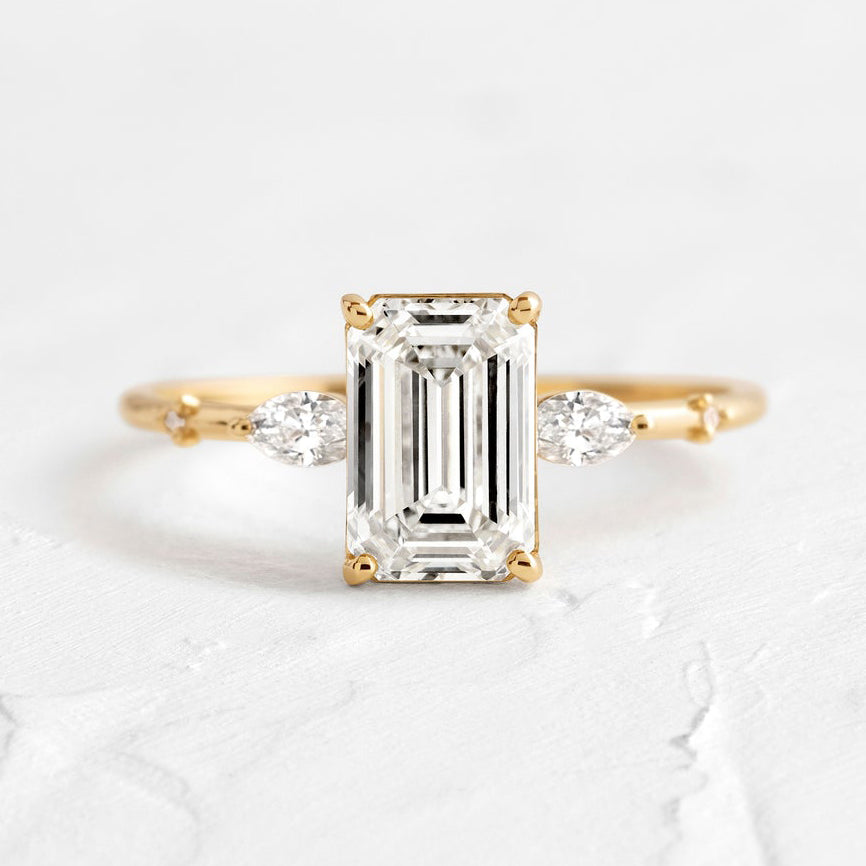 Classic Yellow Gold Emerald Cut Three Stone Engagement Ring For Women In Sterling Silver