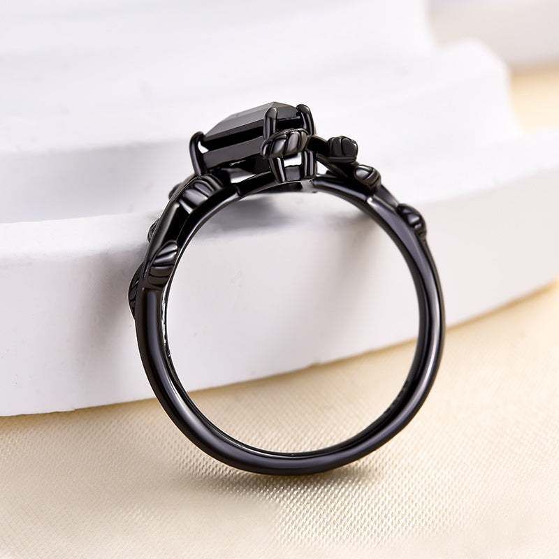 Vintage Leaf Design Black Stone Coffin Cut Engagement Ring In Sterling Silver