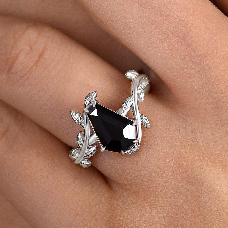 Vintage Leaf Design Black Stone Coffin Cut Engagement Ring In Sterling Silver