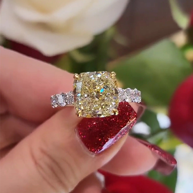 Stunning Two-Tone Cushion Cut Yellow Sapphire Engagement Ring