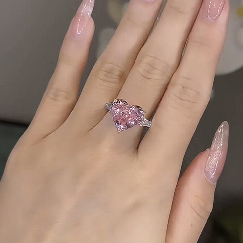 Excellent Three Stone Pink Stone Heart Cut Engagement Ring