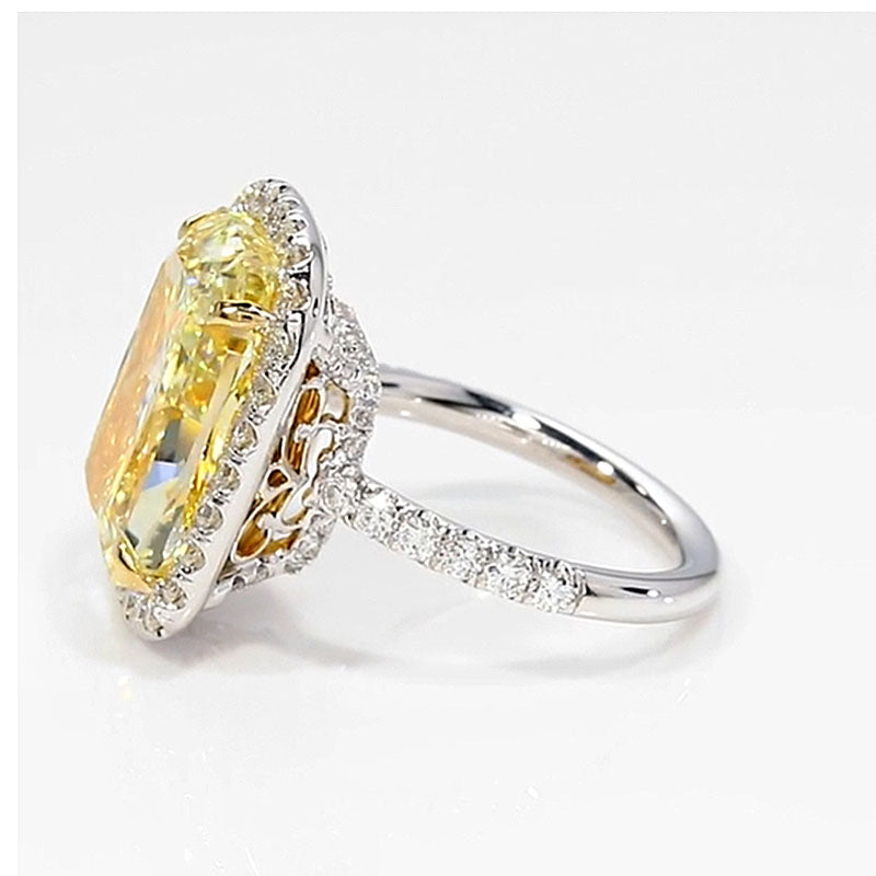 Ahabobo Yellow Stone Halo Two-Tone Elongated Cushion Cut Engagement Ring