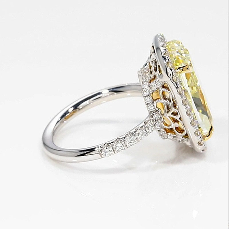 Ahabobo Yellow Stone Halo Two-Tone Elongated Cushion Cut Engagement Ring