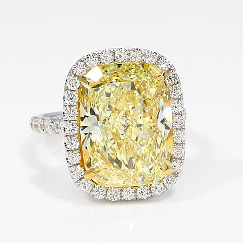 Ahabobo Yellow Stone Halo Two-Tone Elongated Cushion Cut Engagement Ring